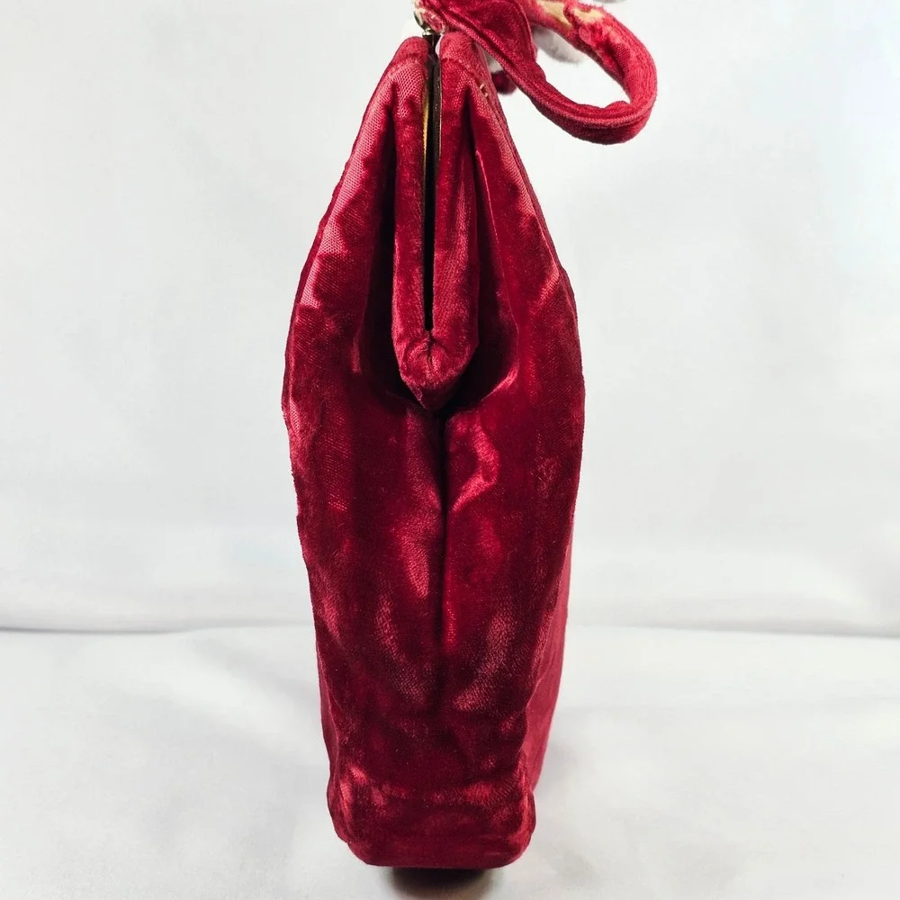 Vintage 40s Red Velvet‎ Kiss Lock Handbag Evening Bag Top Handle Red Distressed